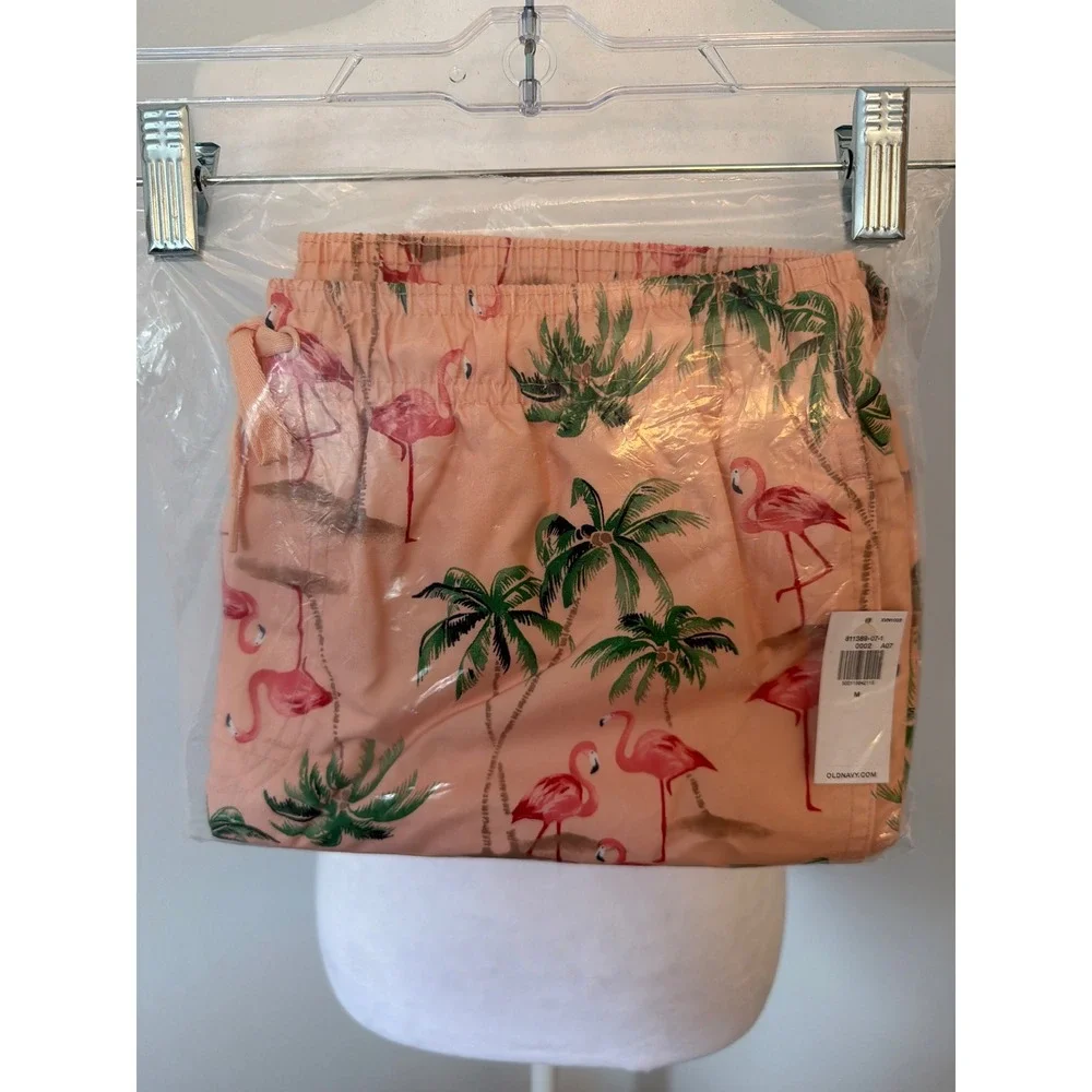 Old Navy Mens Flamingo Palm Tree Swim Trunks Peach Pink Mesh Lined Medium NEW